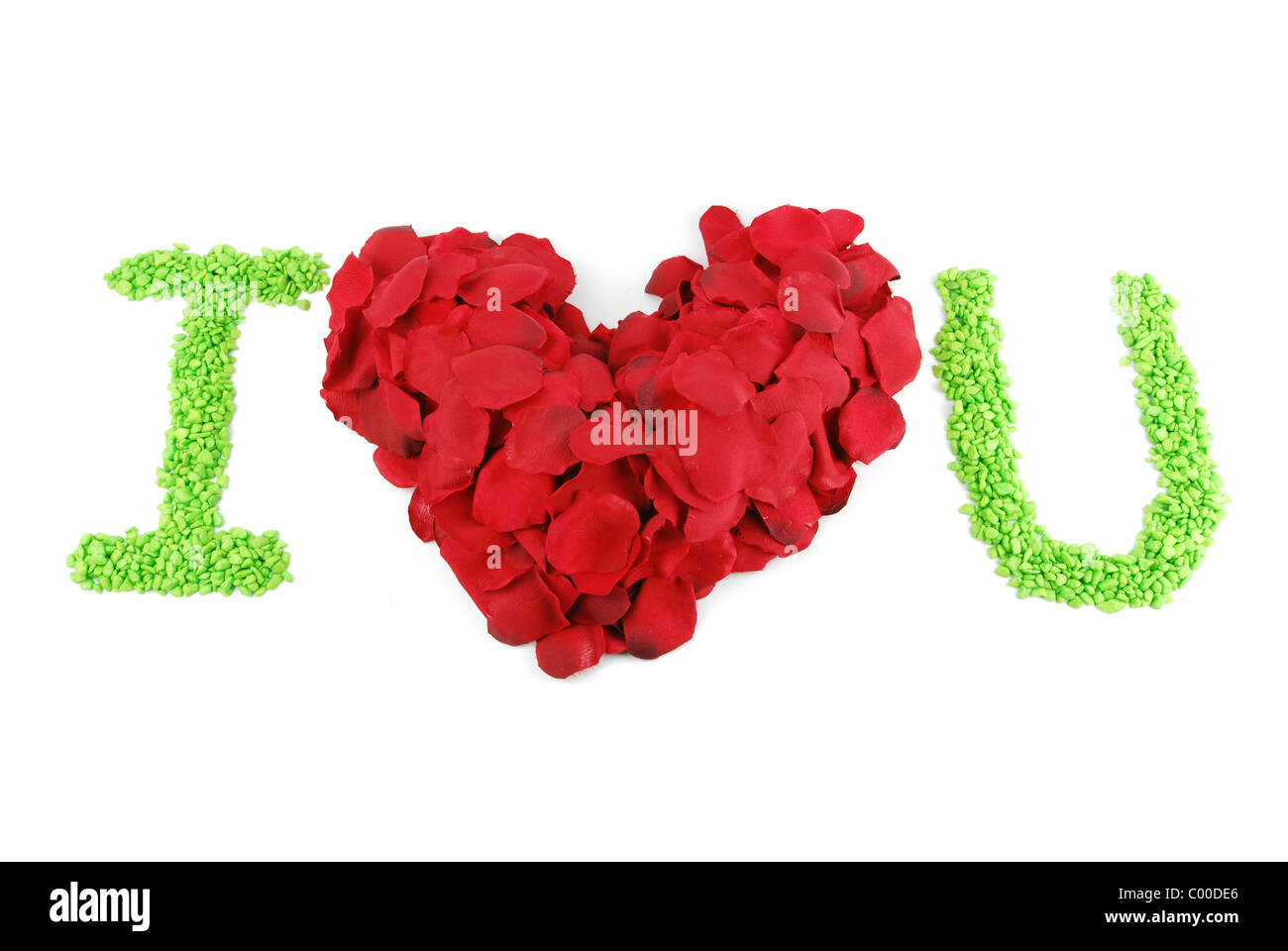 I Love U With A Red Heart Made Of Rose Petals Isolated On White