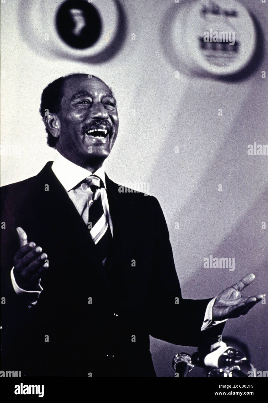 cairo, egypt -- egyptian president anwar sadat delivering a speech in 1980. Photograph by Barry Iverson Stock Photo