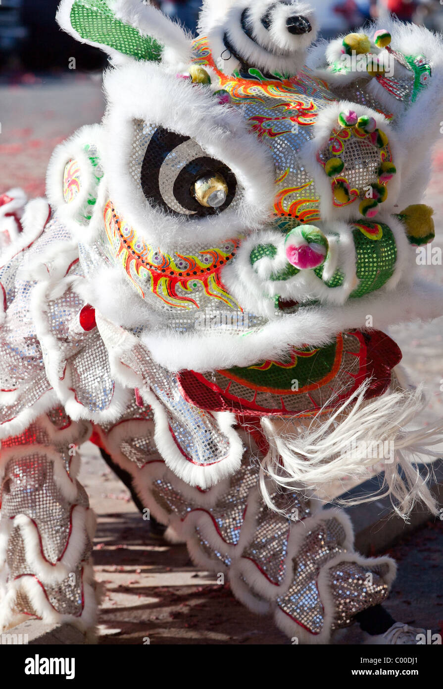 Chinese Lion Dancers perform in elaborate Lion costumes during Chinese New Year Celebrations Stock Photo