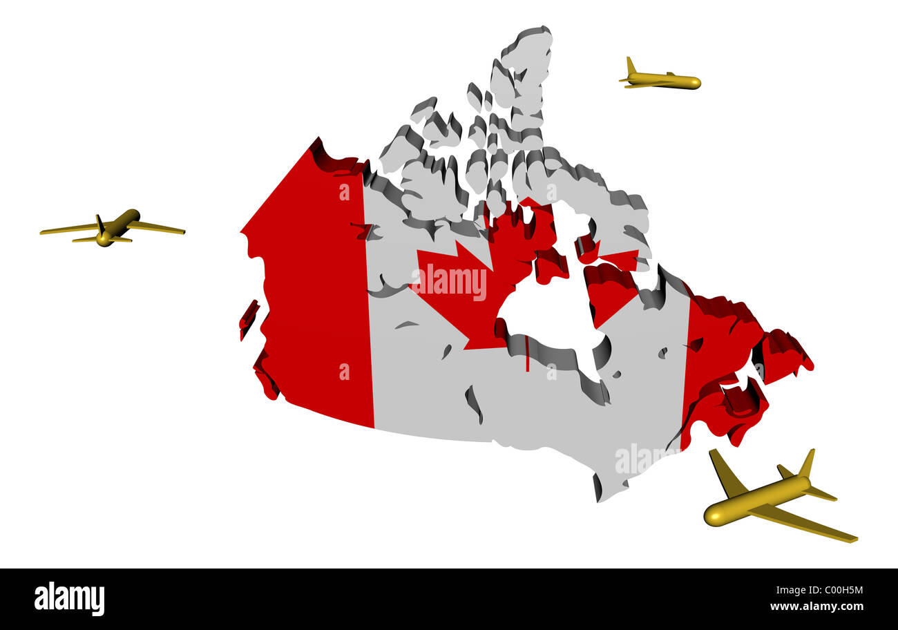 planes flying around Canada map flag illustration Stock Photo