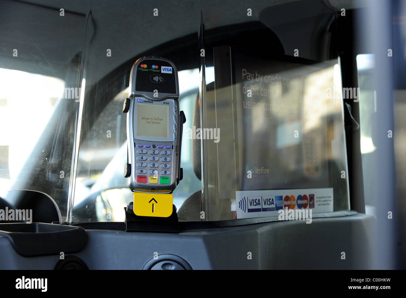 A Taxi with a newly installed Verifone machine which takes payments from debit or credit cards