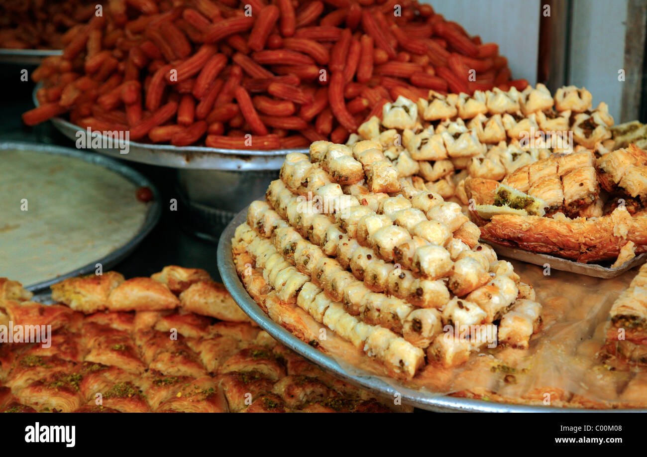 Trays of Baklava pastry, Amman, Jordan. Stock Photo