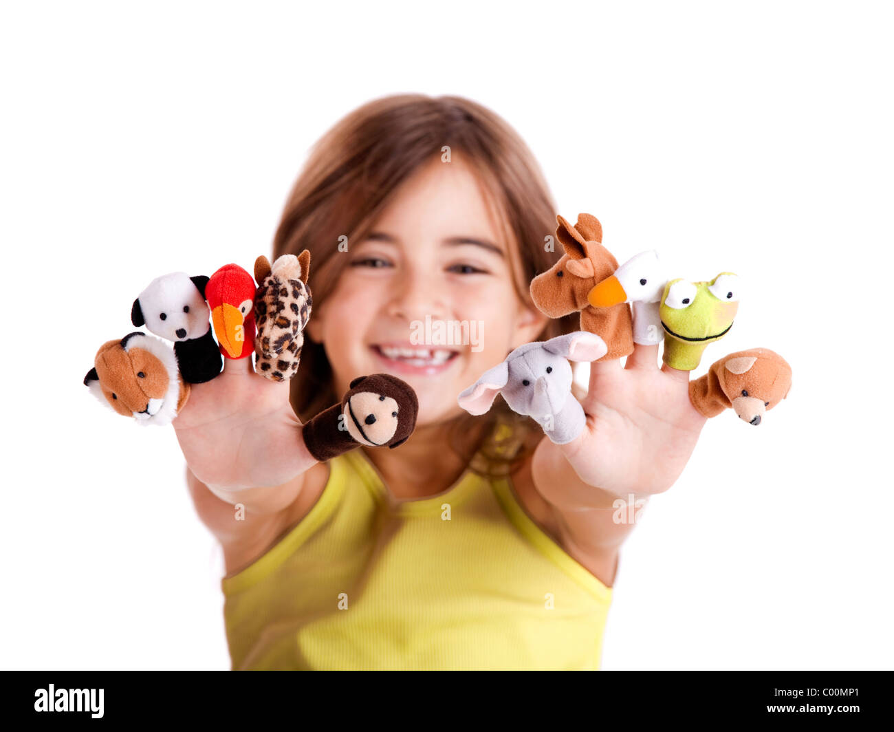 Cute and happy girl playing with finger puppets Stock Photo Alamy