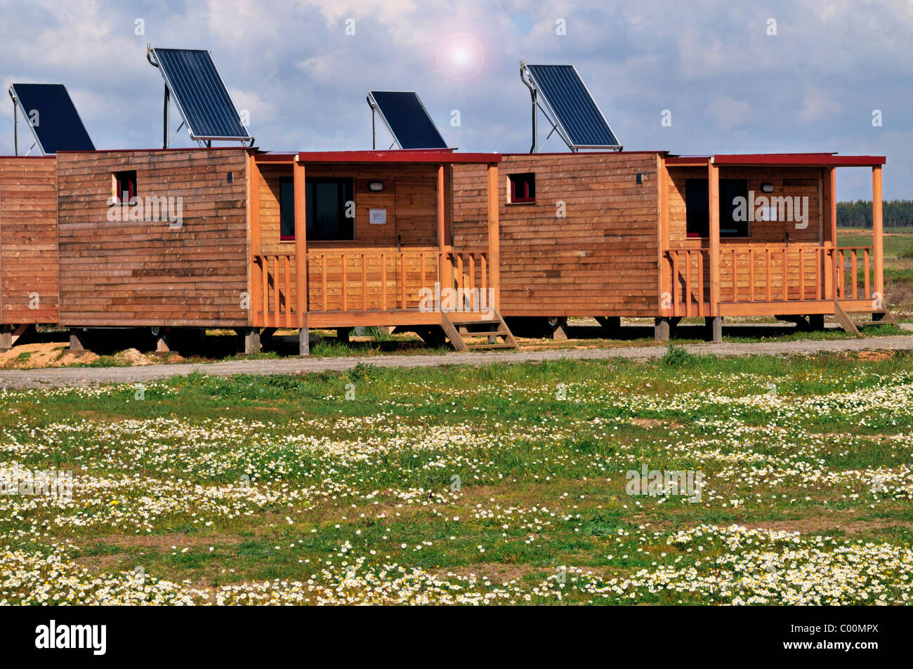 Portugal, Alentejo: Mobile wooden studios at the Eco Camping Resort & Spa Zmar Stock Photo