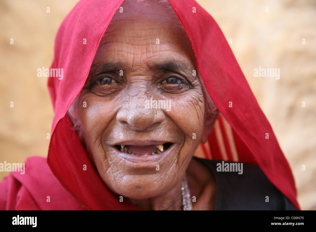 Beautiful, colourful smiling Indian lady visiting Meherangarh Fort, Jodphur, Rajasthan Stock Photo