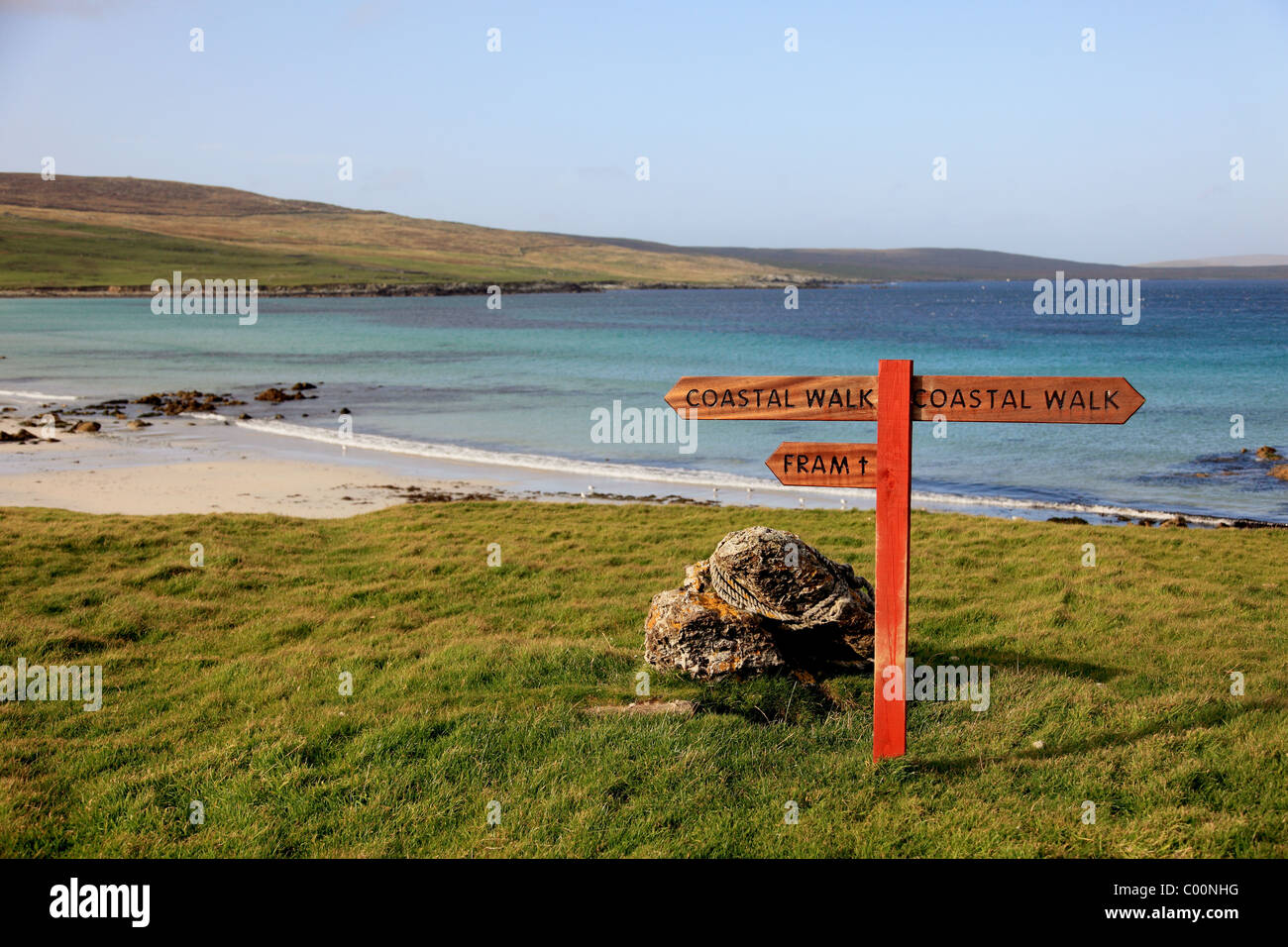 Coastal path sign at Easting, Sandwick Bay, Unst, Shetland Stock Photo