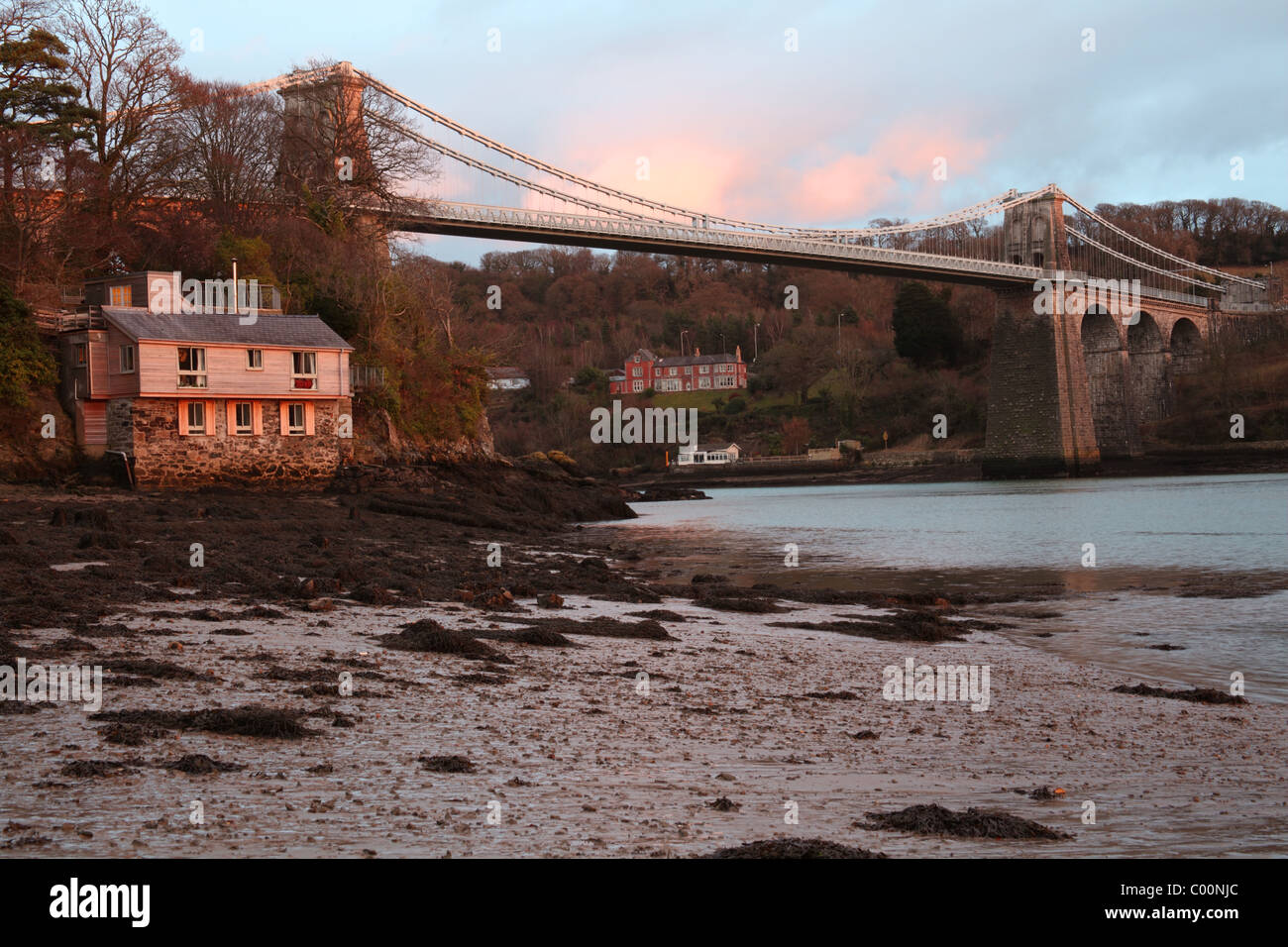 Menai Bridge over the Menai Straits,  Anglesey, Wales Stock Photo