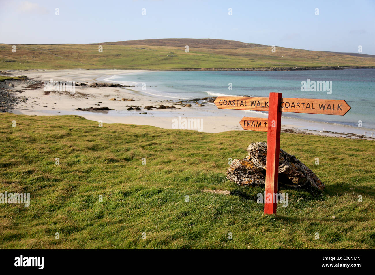 Coastal path sign at Easting, Sandwick Bay, Unst, Shetland Stock Photo