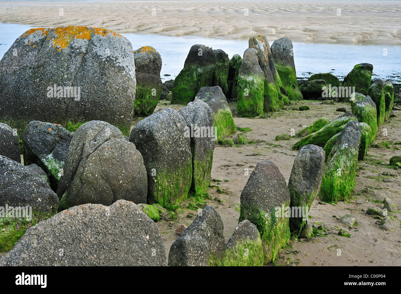 Neolithic tomb / gallery grave / passage grave of Guinirvit, Bay of Kernic, Finistère, Brittany, France Stock Photo