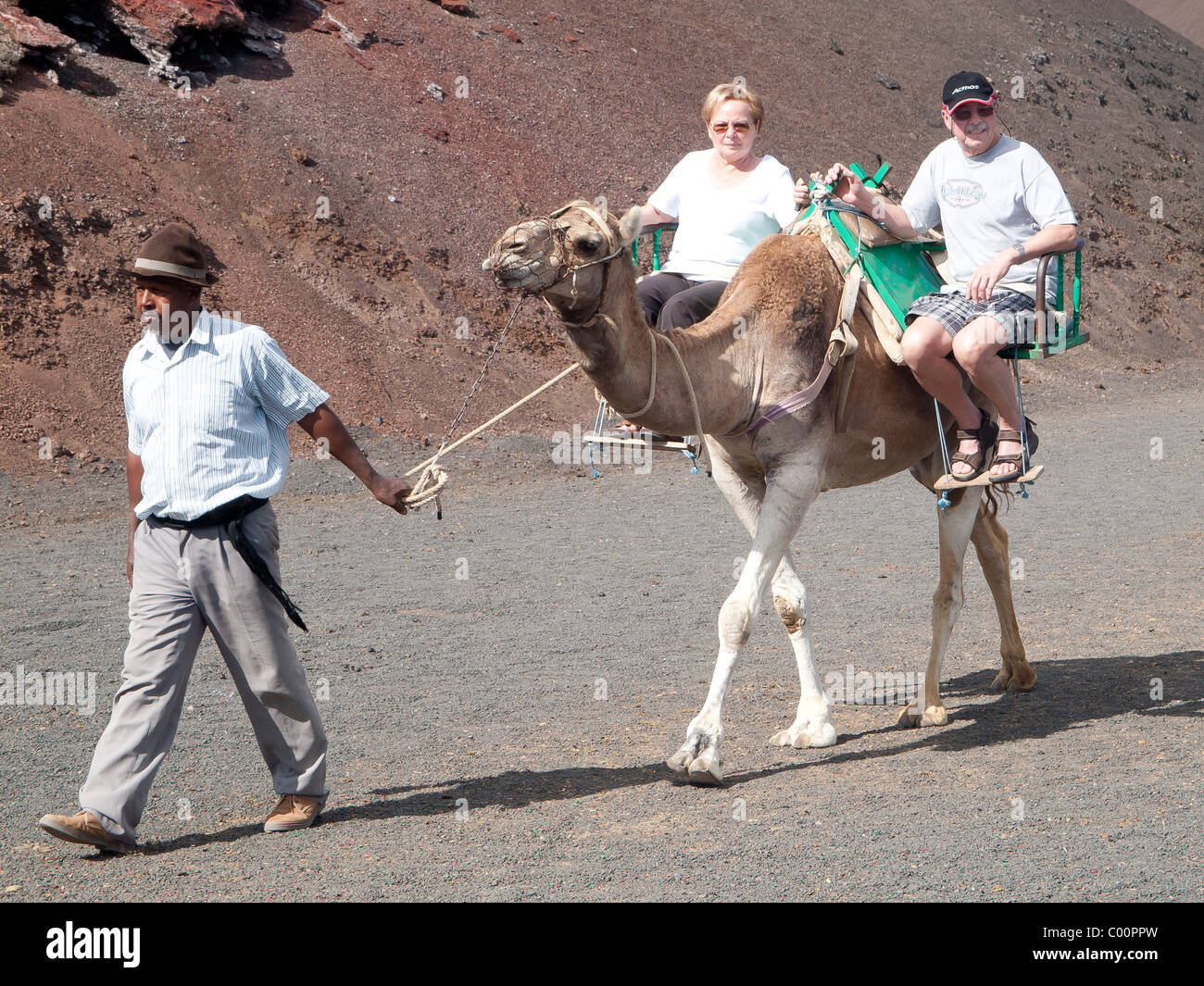 A camel driver leading a camel with a tourist couple on board visiting the Timanfaya National Park in Lanzarote Stock Photo