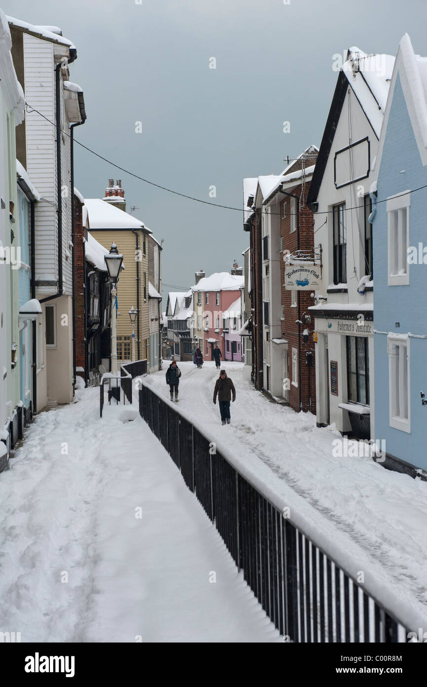 Winter snow scene of All Saints Street Old Town Hastings East Sussex England UK Stock Photo