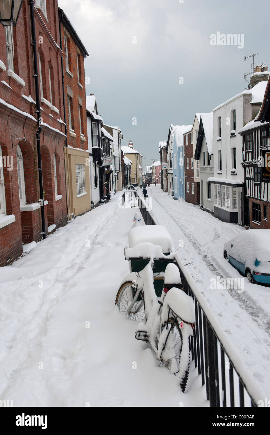 Winter snow scene of All Saints Street Old Town Hastings East Sussex England UK Stock Photo