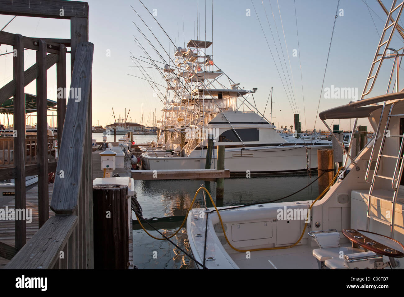 Sports Fishing fleet moored, sunset. Stock Photo