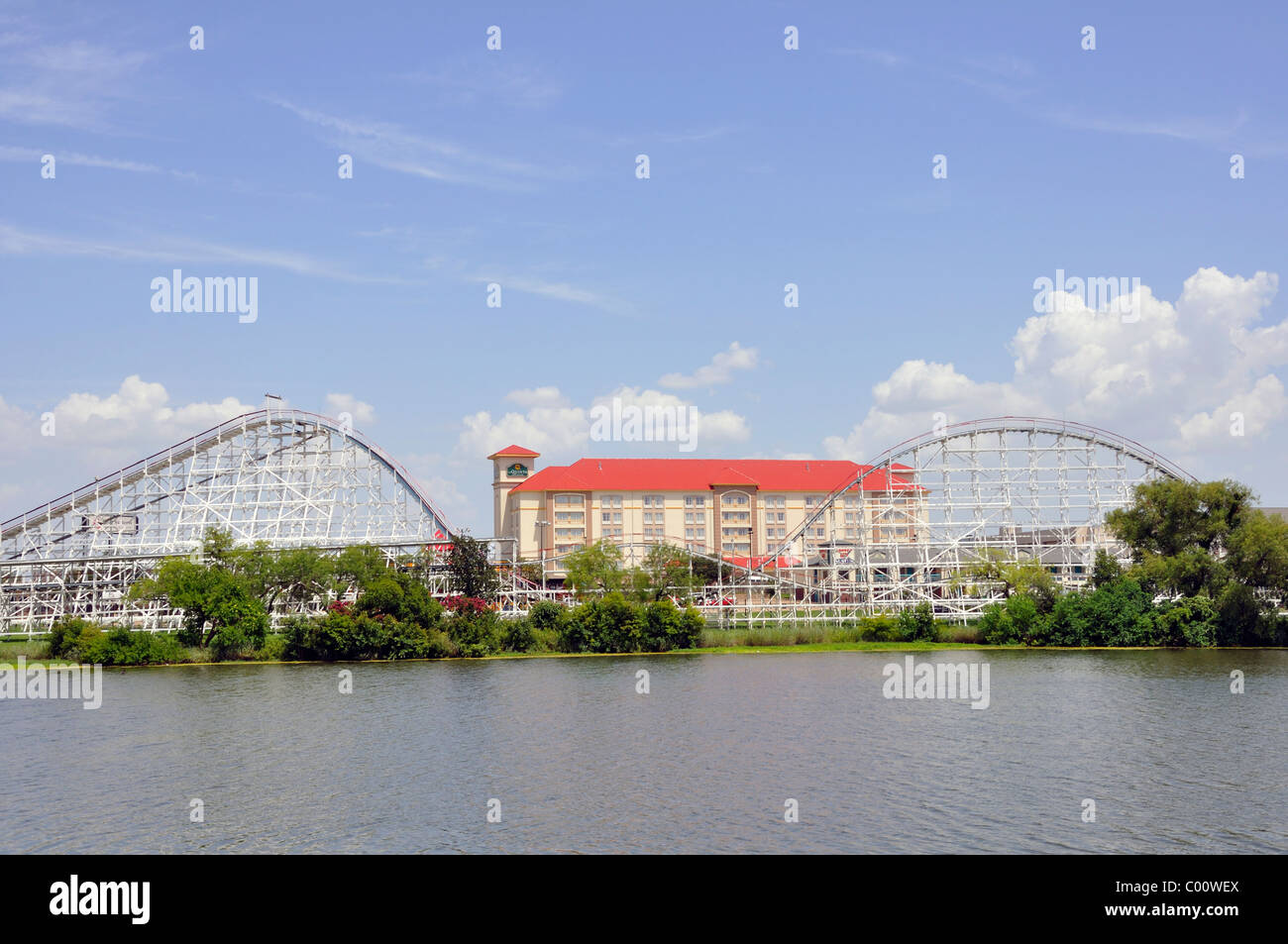 Six Flags Over Texas accommodations and rides, Fort Worth - Arlington, TX, USA Stock Photo