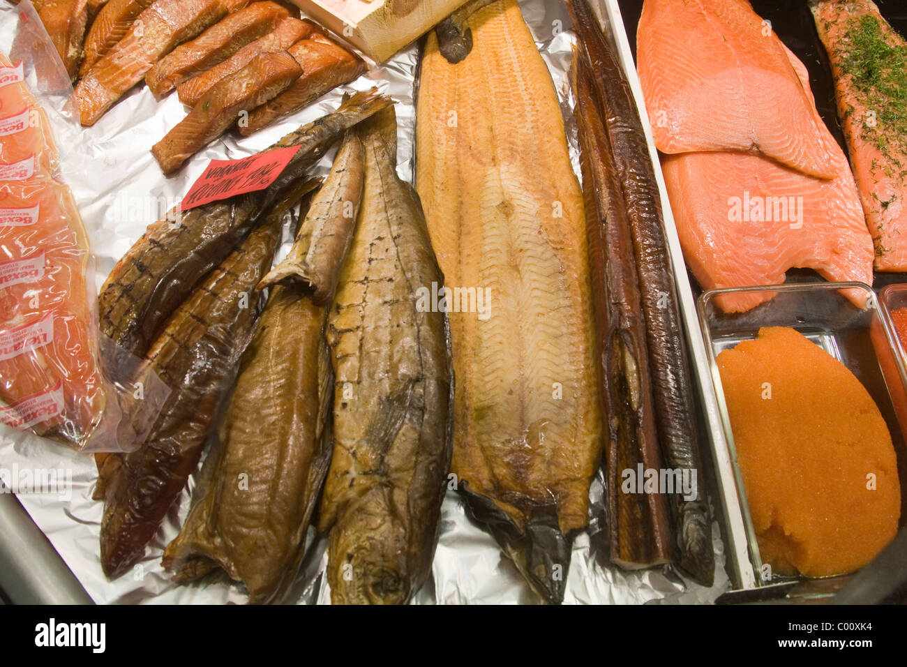 Food Smoked fish Sales Market-hall Stock Photo