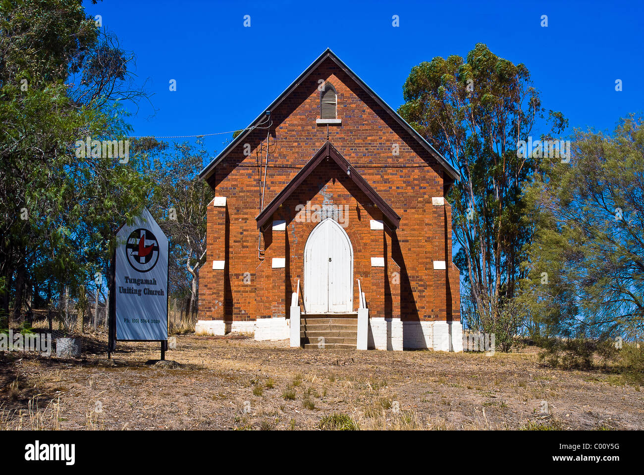 Tungamah Uniting Church,Tungamah,Victoria,Australia is situated in a small wheat town with some historic buildings. Stock Photo