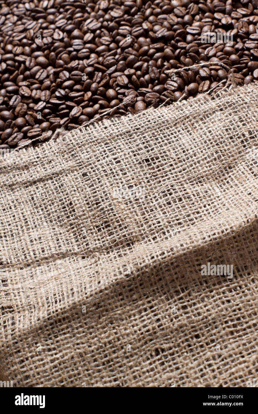 Freshly roasted coffee beans in a large canvas bag Stock Photo