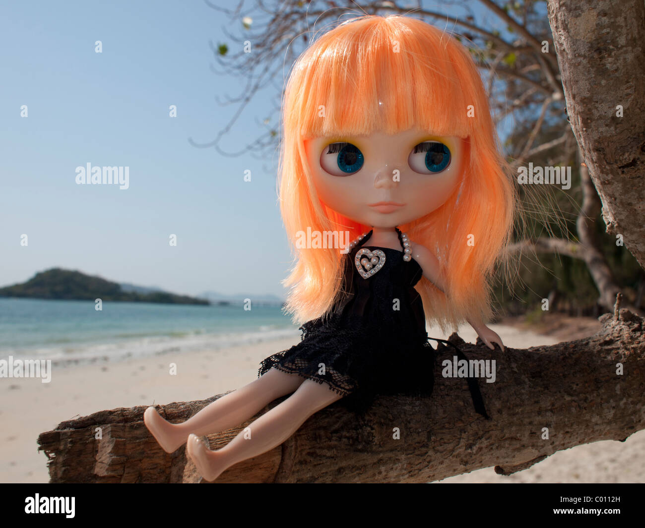 A mango blythe doll sitting on a beach Stock Photo