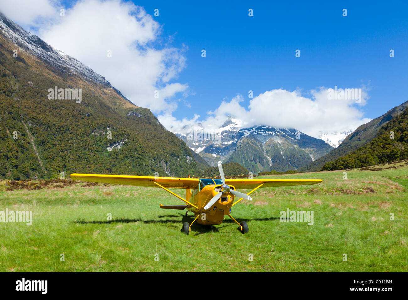 Small airstrip in the river valley in New Zealand Stock Photo
