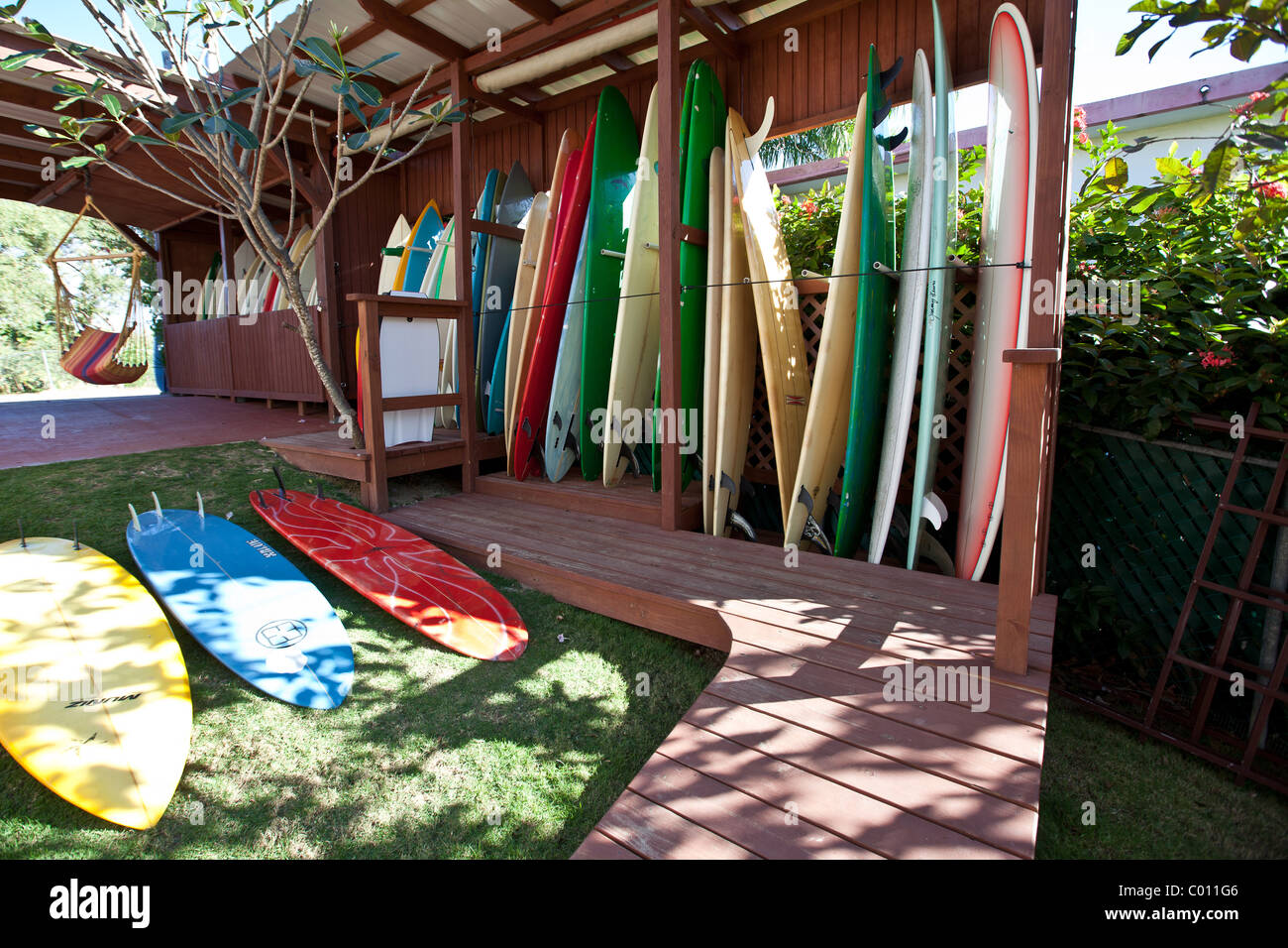 Surfboards at Mar Azul Surf Shop in Rincon, Puerto Rico Stock Photo