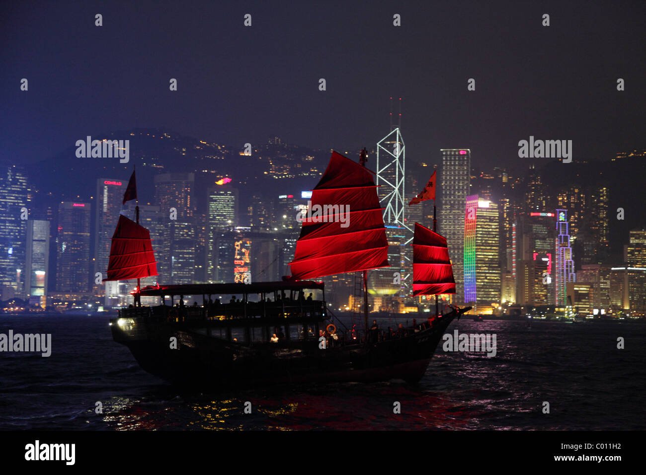 Traditional Sail Boat in Hong Kong at night. Photo taken at 25th of November 2010 Stock Photo