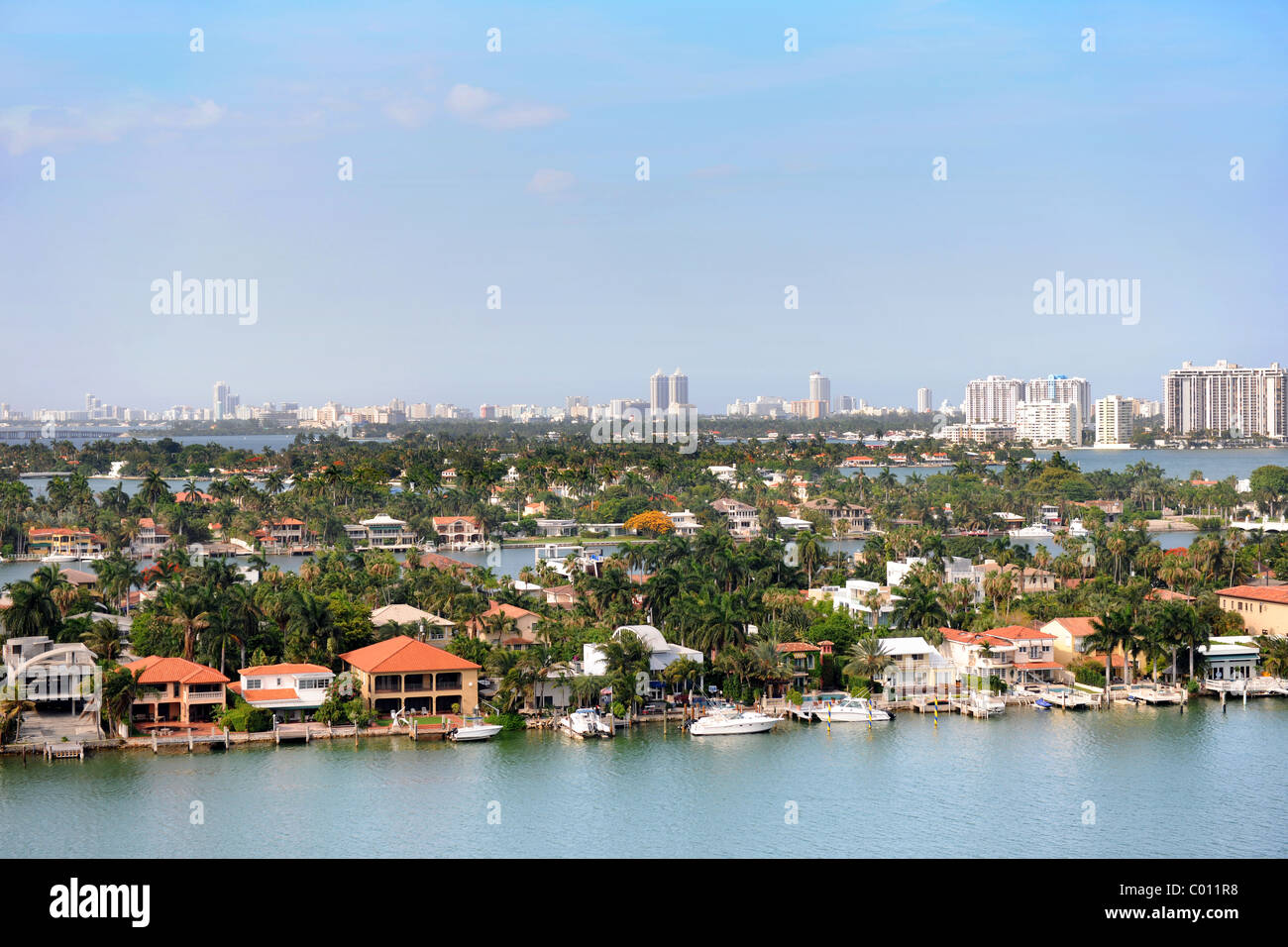 Aerial view of Star Island in foreground and Miami skyline in background Stock Photo