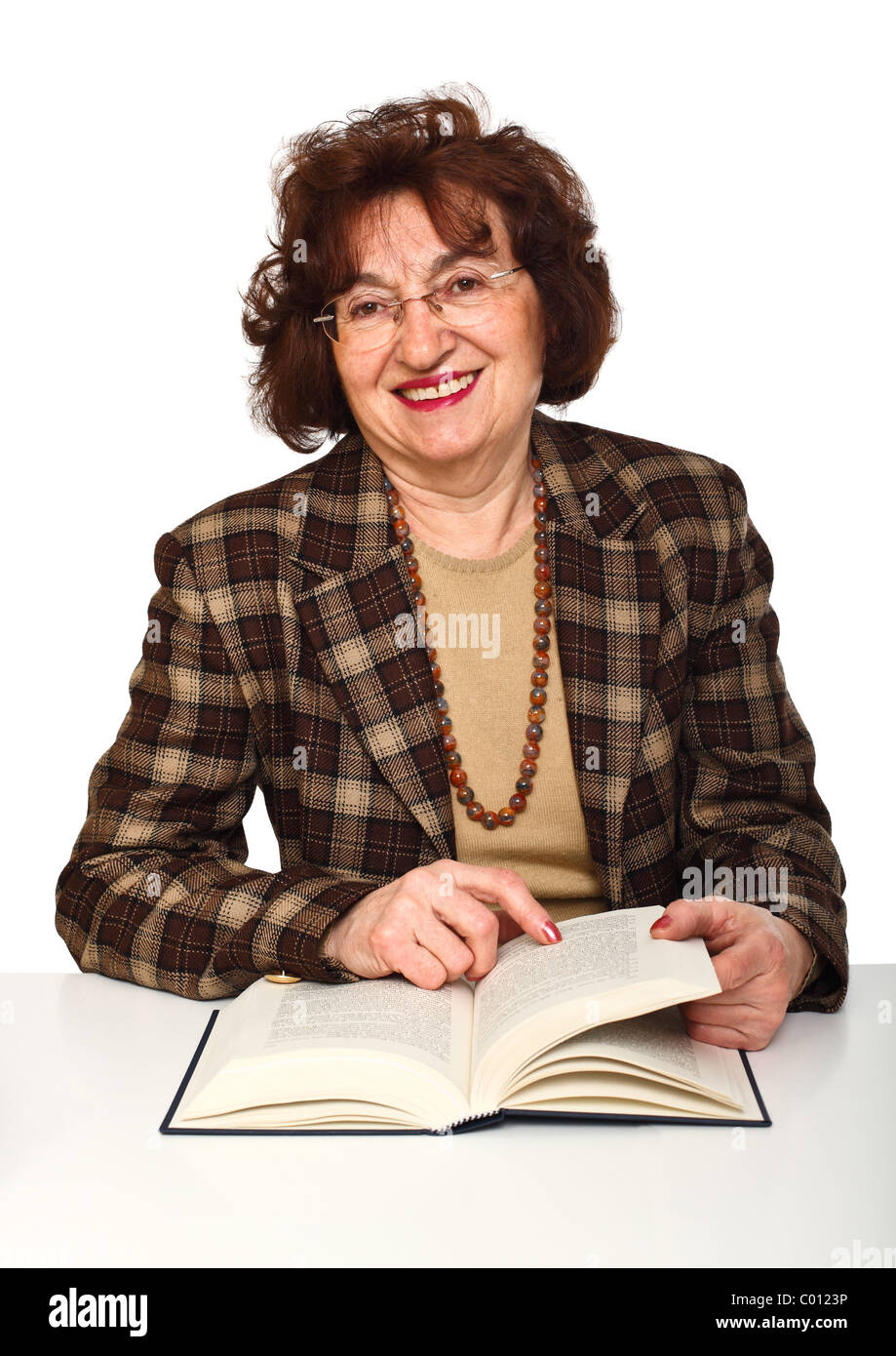 smiling teacher with book isolated on white Stock Photo