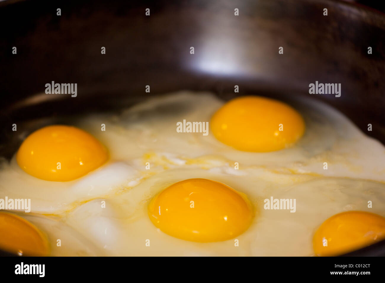 Five yellow yolk eggs cooking in a black cast iron skillet Stock Photo