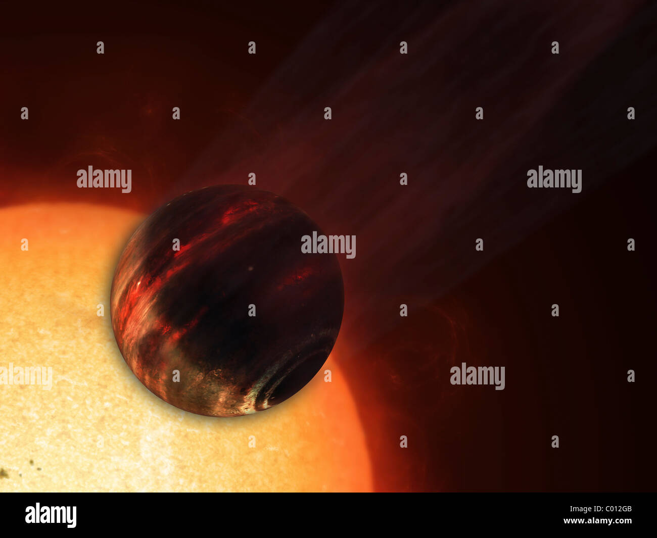 Artist's concept of a Hot Jupiter extrasolar planet orbiting a sun-like star. Stock Photo