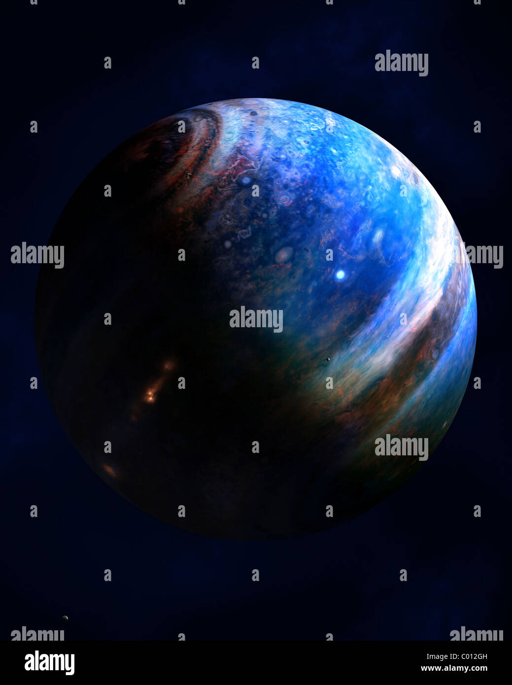 Artist's concept of an Extrasolar Gas Giant with two of its' many moons. Stock Photo