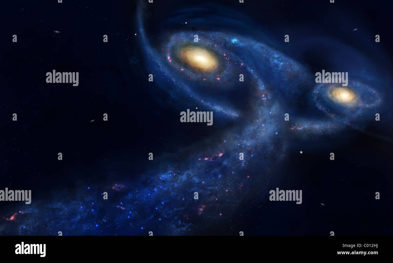 The predicted collision between the Andromeda galaxy and the Milky Way. Stock Photo