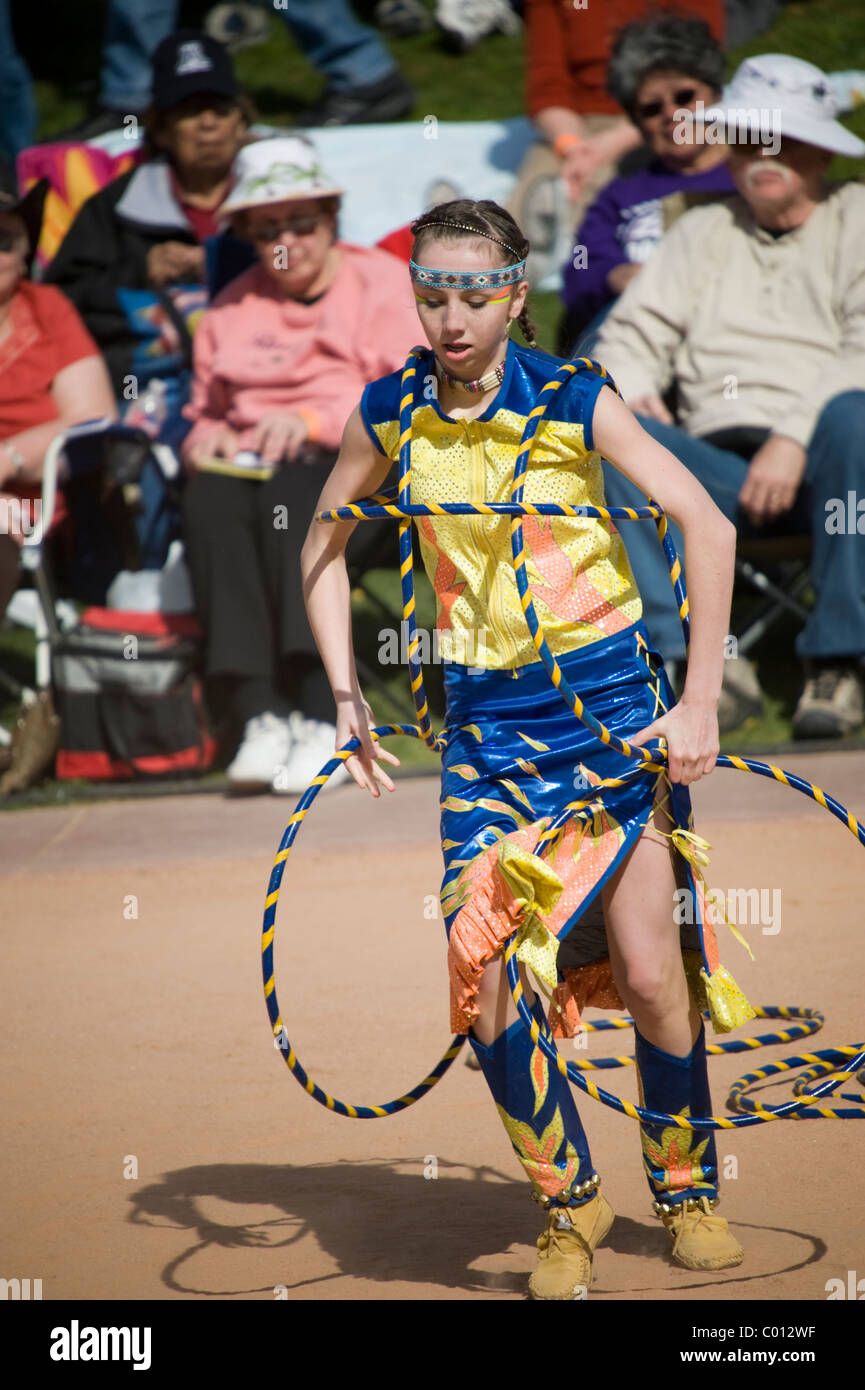 Girl dancer in the teen division at the 2011 World Championship Hoop Dance Contest at Heard Museum, Phoenix, Arizona, USA Stock Photo