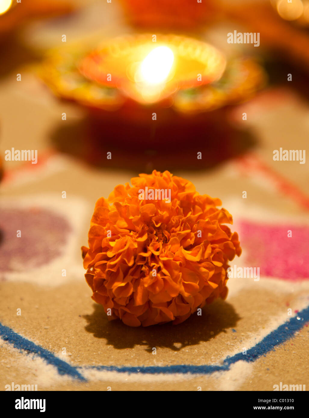 marigold with diwali light backdrop at indian festival Stock Photo