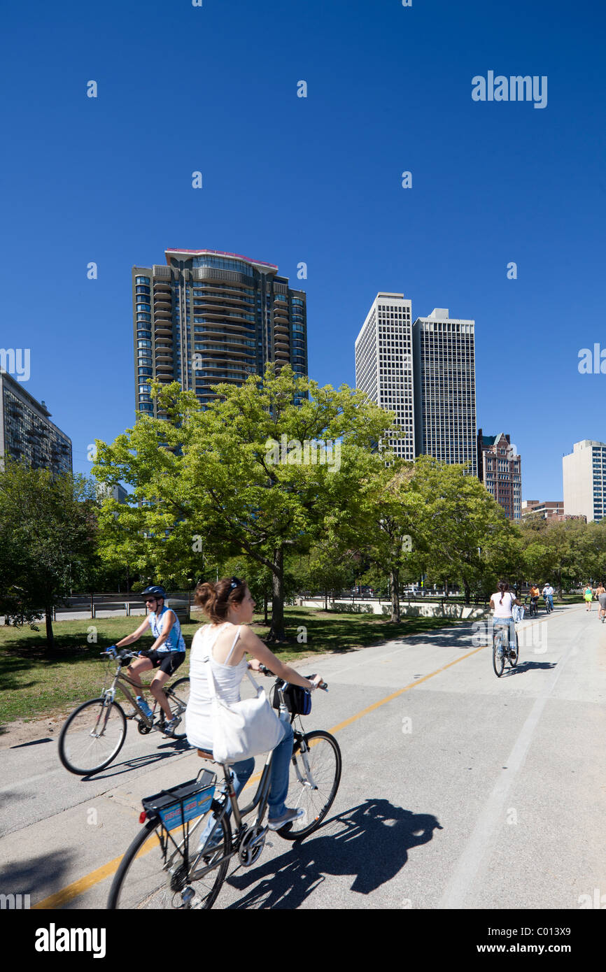cyclists on Lakefront Trail, Gold Coast, Chicago, Illinois, USA Stock Photo