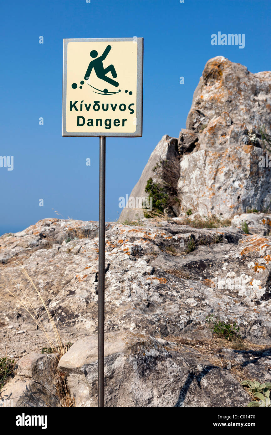 Warning sign, danger, old Angelokastro fortress, Corfu Island, northwestern Corfu, Ionian Islands, Greece, Southern Europe Stock Photo