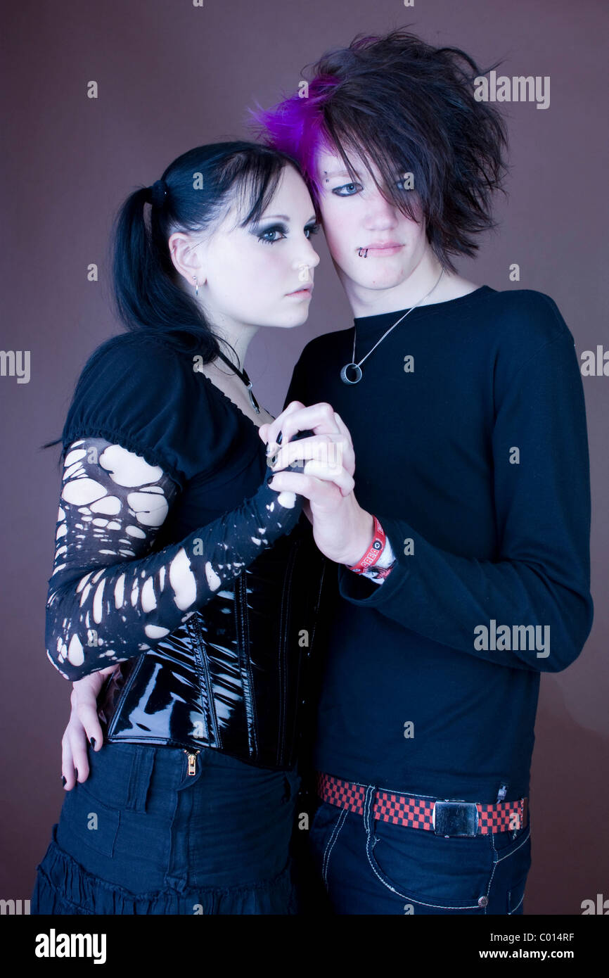 Couple, gothic, emo, embrace, serious Stock Photo