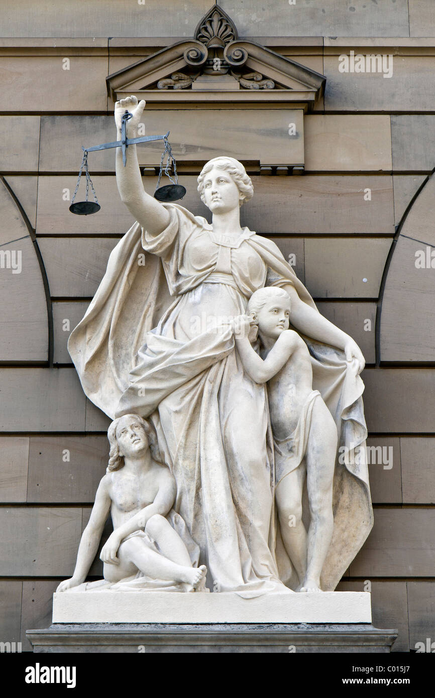 Justitia statue with scales, courthouse in Olgastrasse, Ulm, Baden