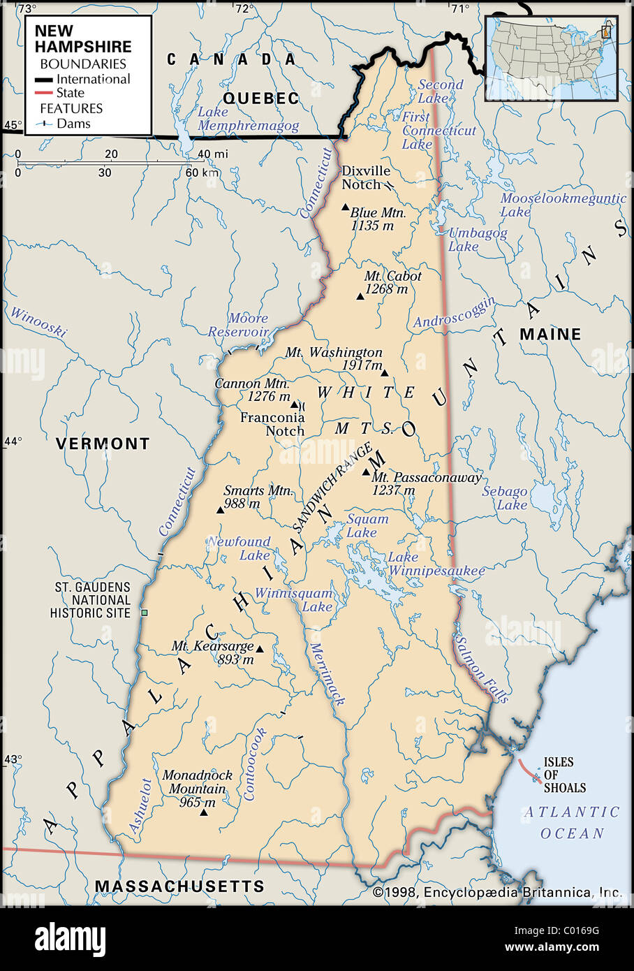 Physical map of New Hampshire Stock Photo - Alamy