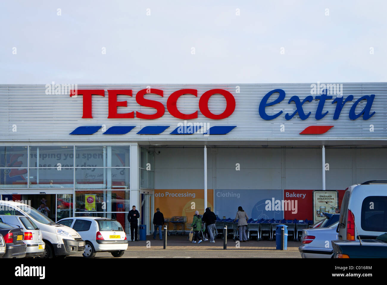 The entrance to Tesco Extra store in Cornwall, UK Stock Photo. 
