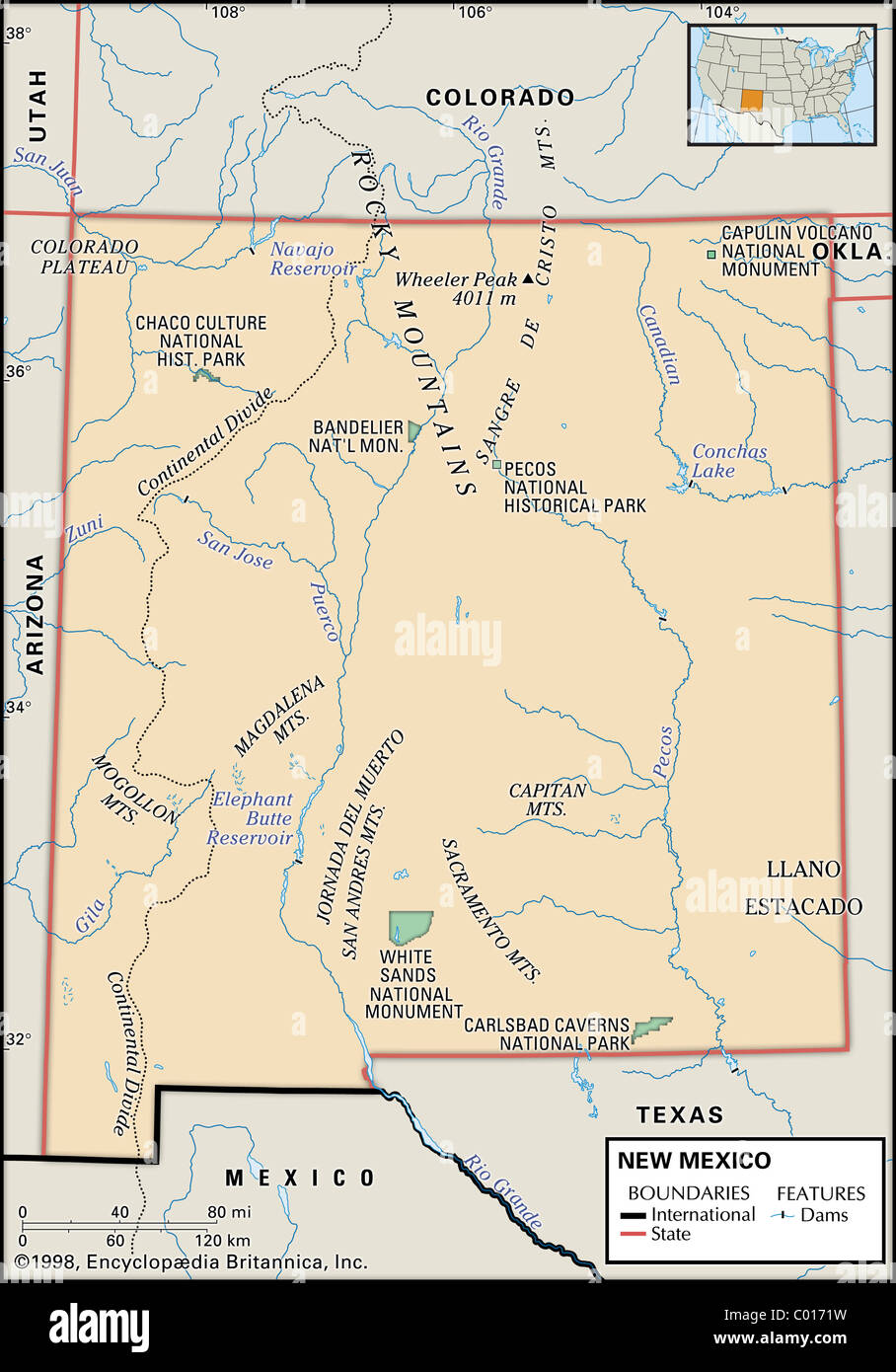 Physical map of New Mexico Stock Photo