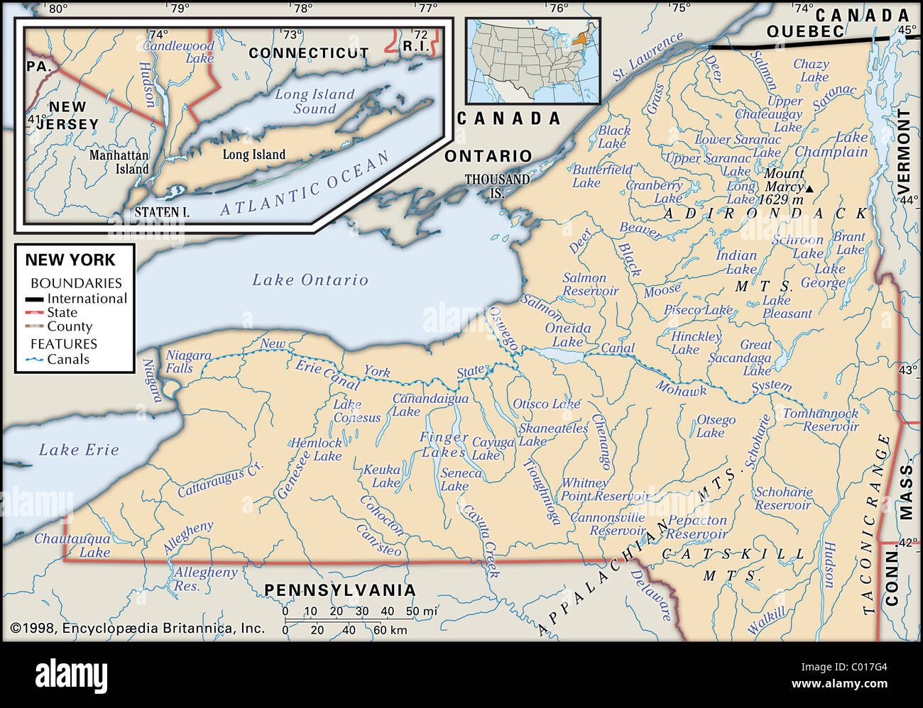 Physical map of New York Stock Photo