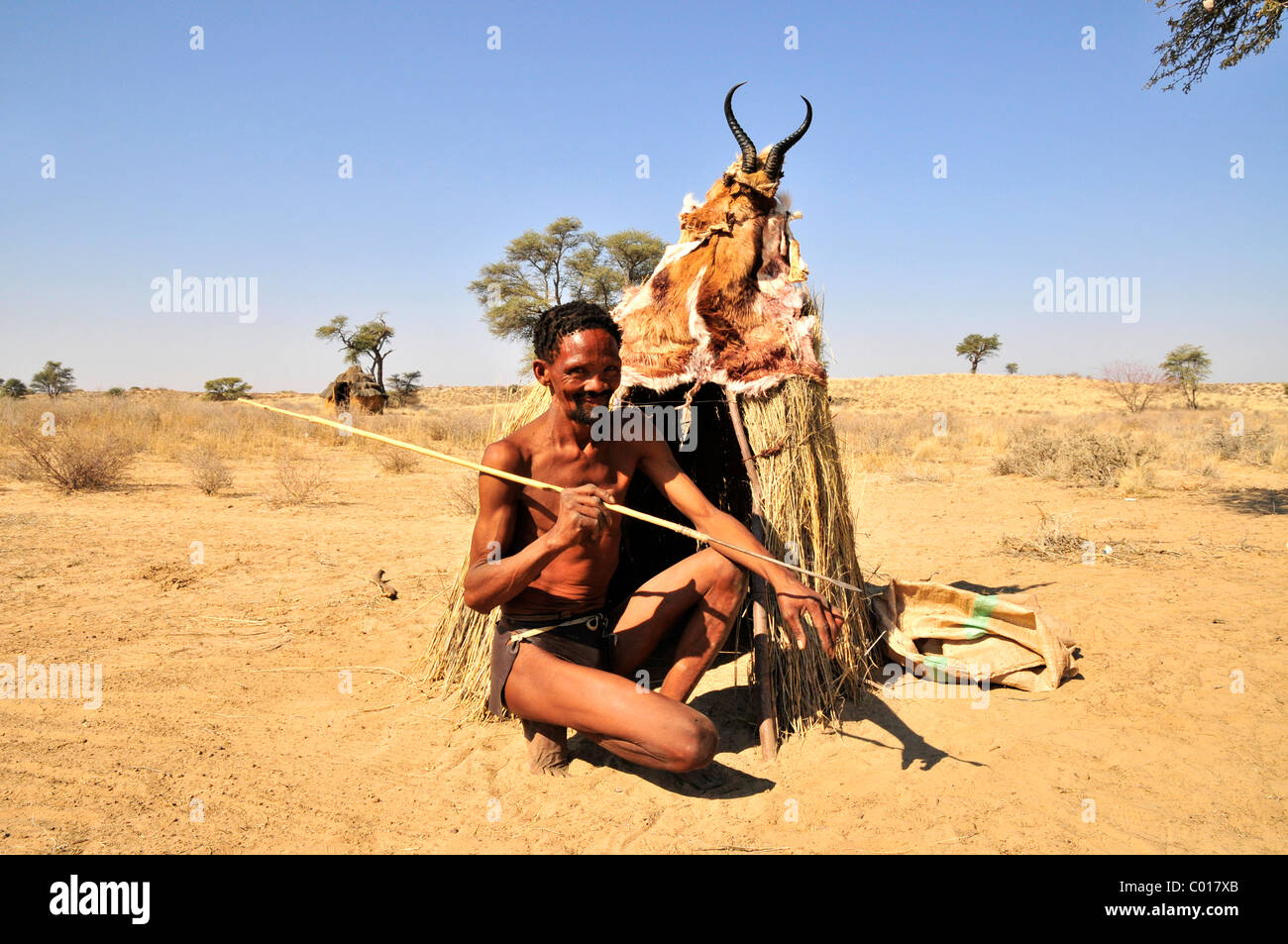 Man of the Khomani-San tribe with spear and traditional clothing in front of a thatched hut in the Kalahari, South Africa Stock Photo