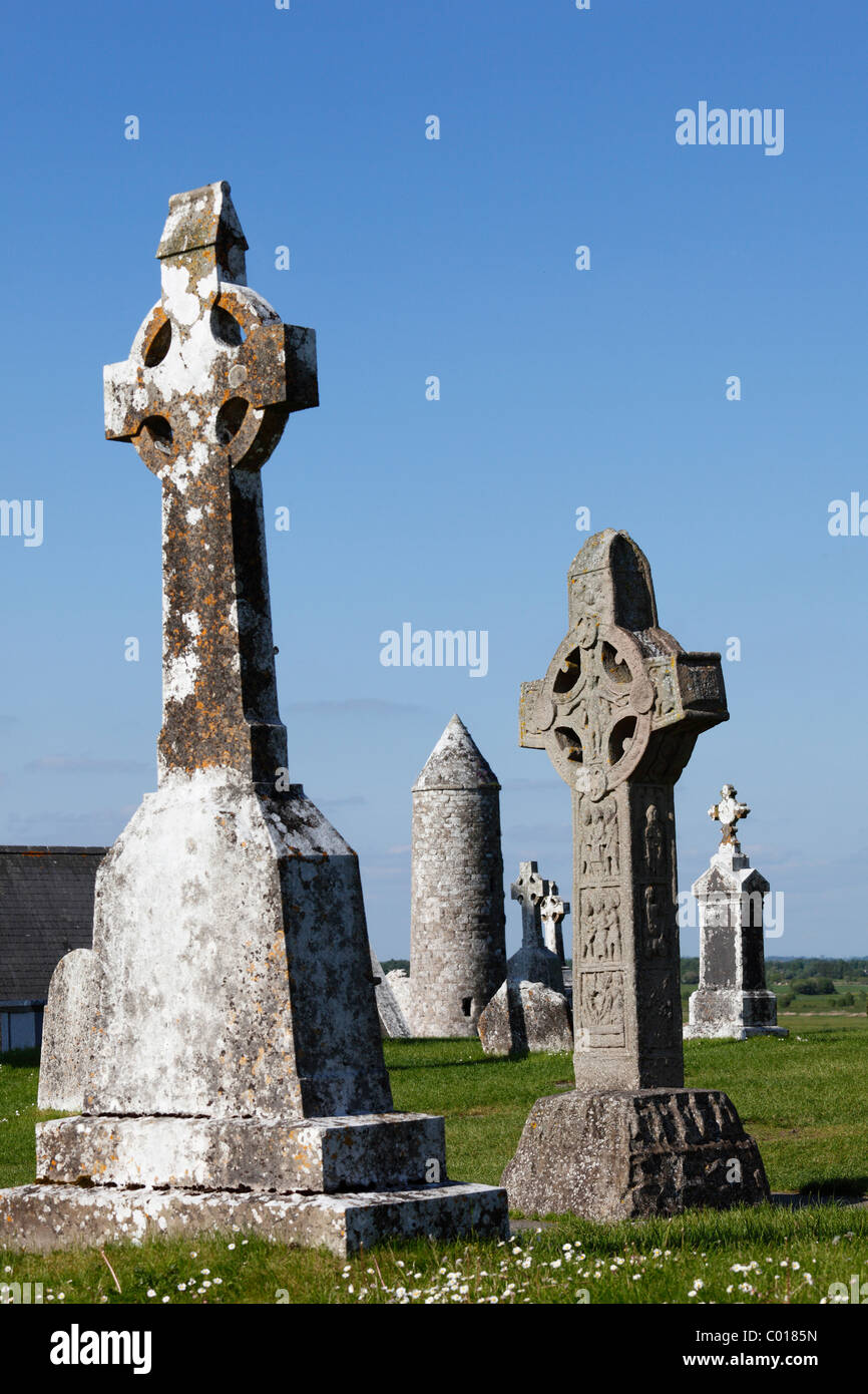 High crosses, right, copy of the Cross of the Scriptures, Clonmacnoise Monastery, County , Leinster, Republic of Ireland, Europe Stock Photo