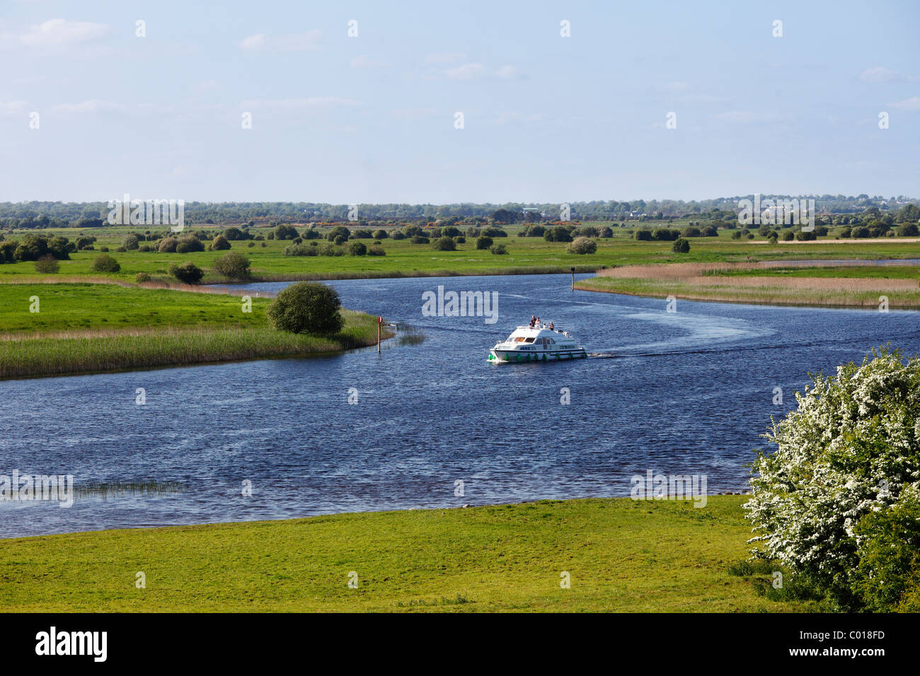Boat on the Shannon River, Clonmacnoise, County Offaly, Leinster, Republic of Ireland, Europe Stock Photo