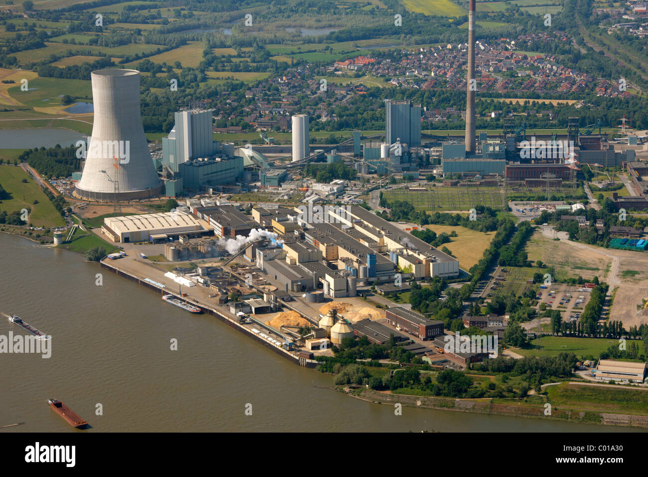 Aerial photo, new power plant, coal power plant of Evonik Steag, Duisburg Walsum, formerly Walsum coal mine, Norske Skog plant Stock Photo