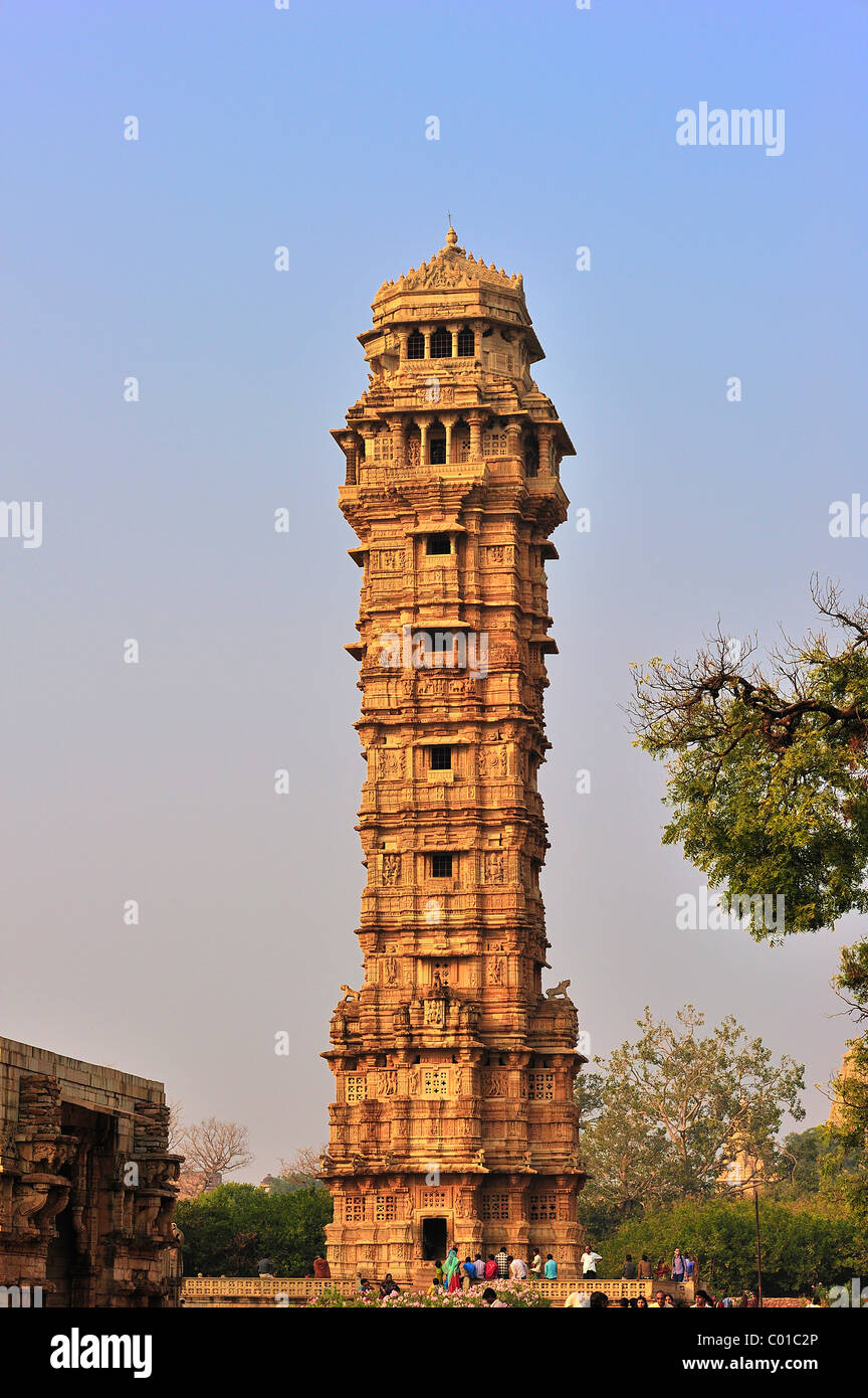Victory Tower, 15th century, in the Rajput fort of Chittorgarh, sandstone, depicting scenes from the Ramayana and the Stock Photo