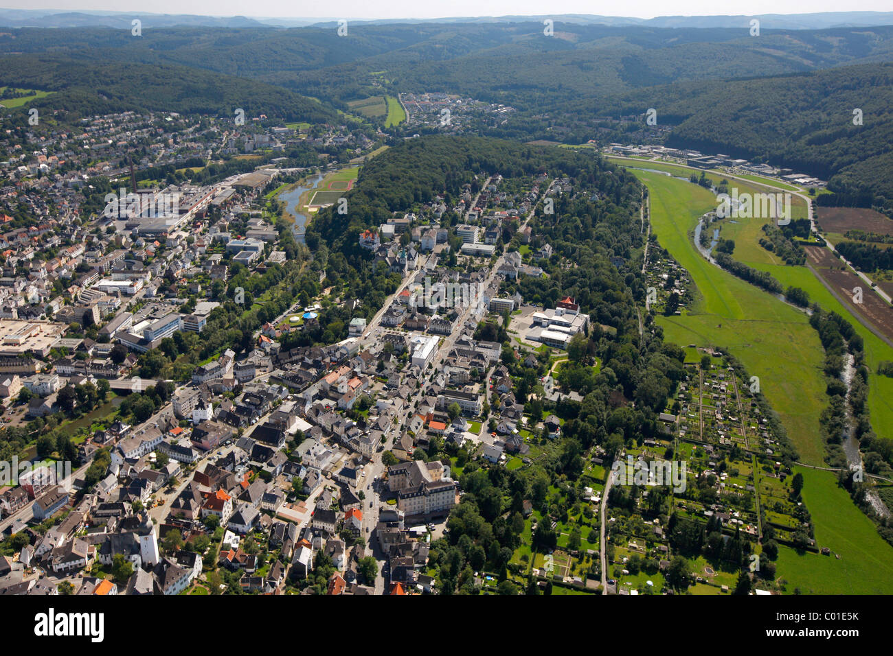 Aerial view, Ruhr Valley, Schlossstrasse, road with castle ruins, Arnsberg, North Rhine-Westphalia, Germany, Europe Stock Photo