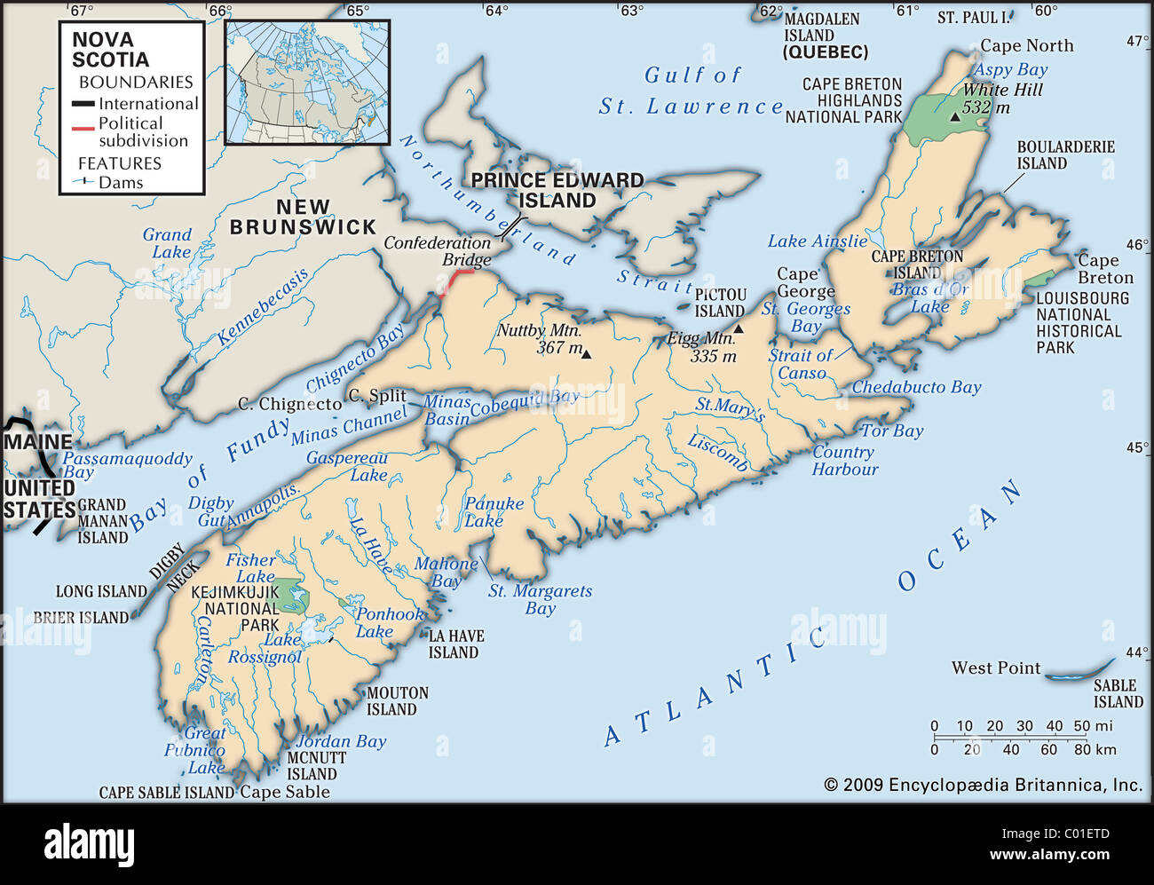 Physical map of Nova Scotia Stock Photo
