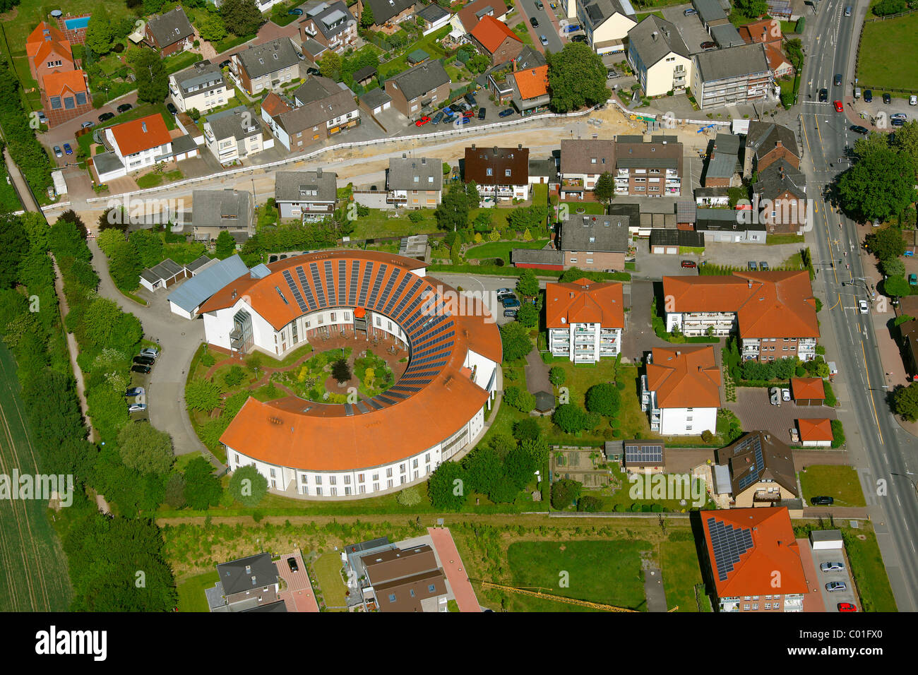 Aerial view, circular building, red roof, old people's home, Alt-Oer retirement home, Oer-Erkenschwick, Ruhrgebiet area Stock Photo