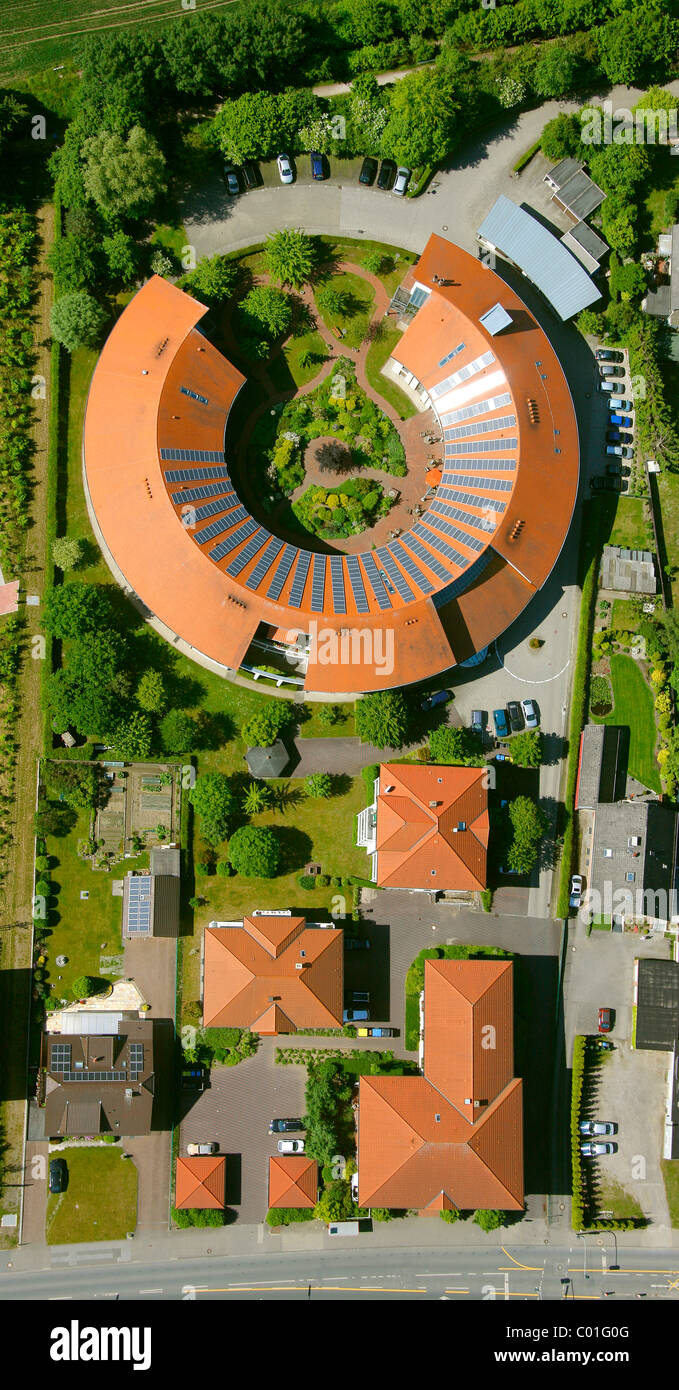 Aerial view, circular building, red roof, old people's home, Alt-Oer retirement home, Oer-Erkenschwick, Ruhrgebiet area Stock Photo